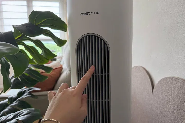 Minimal grille design for the Mistral Tower Fan with safety in place.
