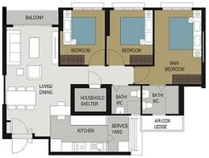 Punggol Northshore Cove BTO 4-room floor plan with open-concept kitchen, spanning 96 sqm (or 93 sqm internal floor area). Image MyNiceHome HDB