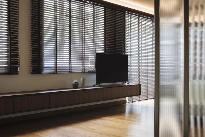 Wooden-slat Venetian blinds on the second storey of this semi-detached at Jalan Belibas, Upper Thomson.