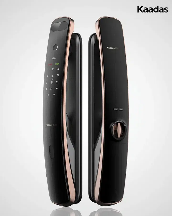 kaadas digital door lock with copper golden accents and 3D facial recognition scanner