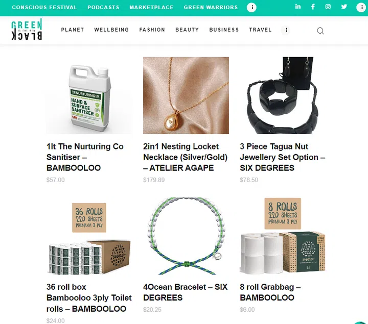 Screengrab of the online sustainability e-commerce shop, Green is the new Black