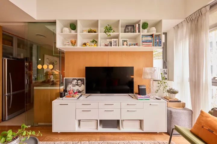 Open shelving above the television displays books and mementos, balancing storage with a light, uncluttered presence.