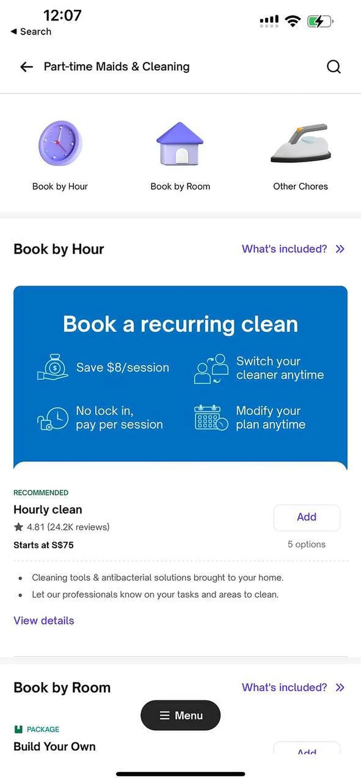 urban company app screenshot of the cleaning services