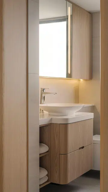 Curved bathroom cabinets in a 4-room HDB in Punggol.