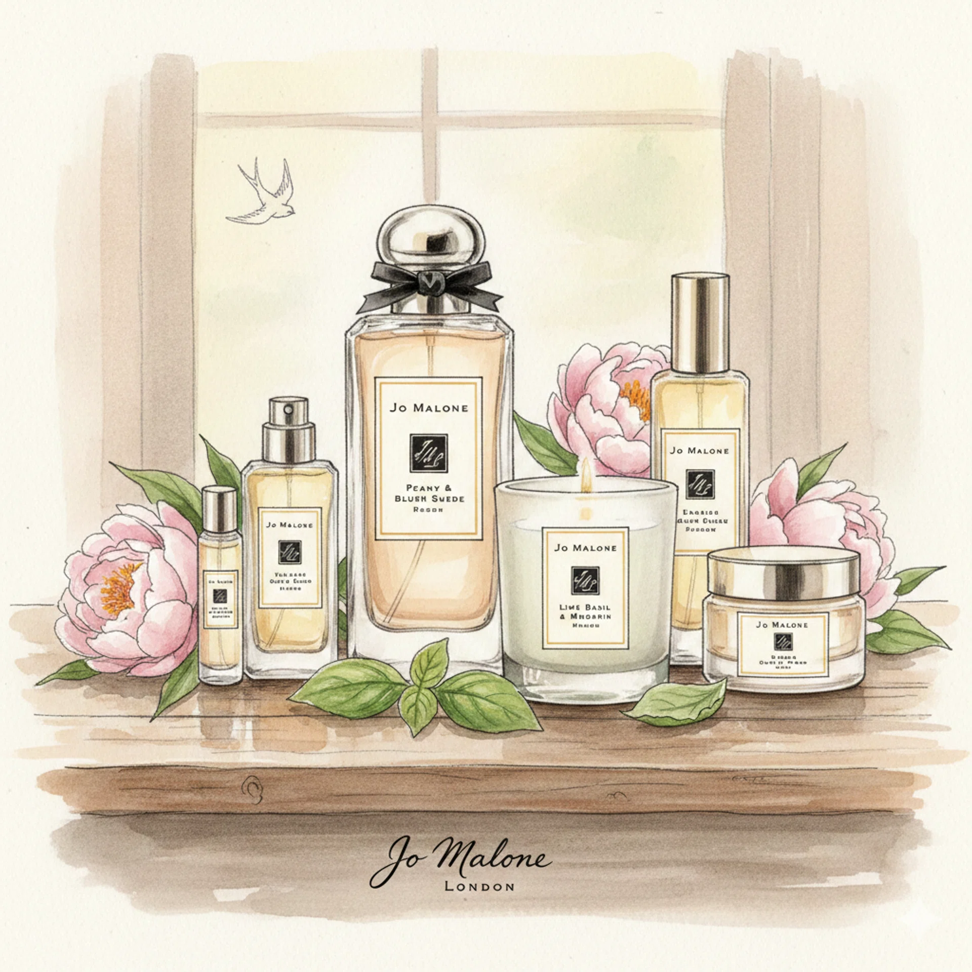 Drawing illustration of Jo Malone London products on a table.