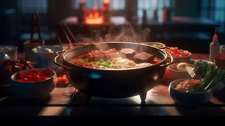 Hot pot with meat and vegetables on a wooden table in a restaurant. Photo 123RF