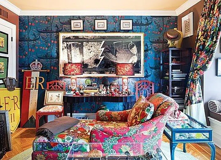 maximalist, maximalism, pattern wallpaper, pattern cushions, interior design, living room