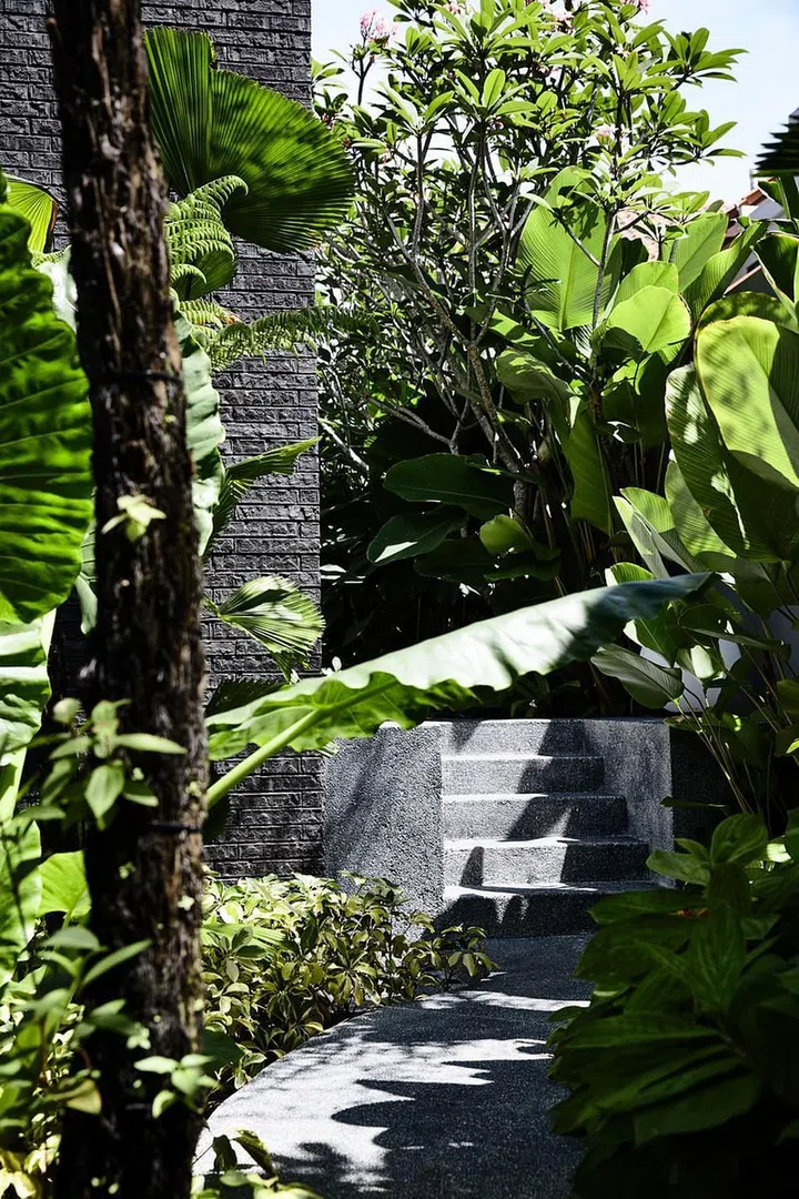 A lush, landscaped garden provides a welcome contrast to the austere dark grey bricks and concrete screen of the home.