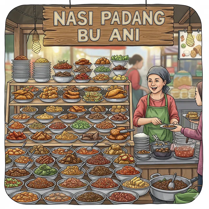 Illustration of Mrs. Ani’s Nasi Padang rice stall.
