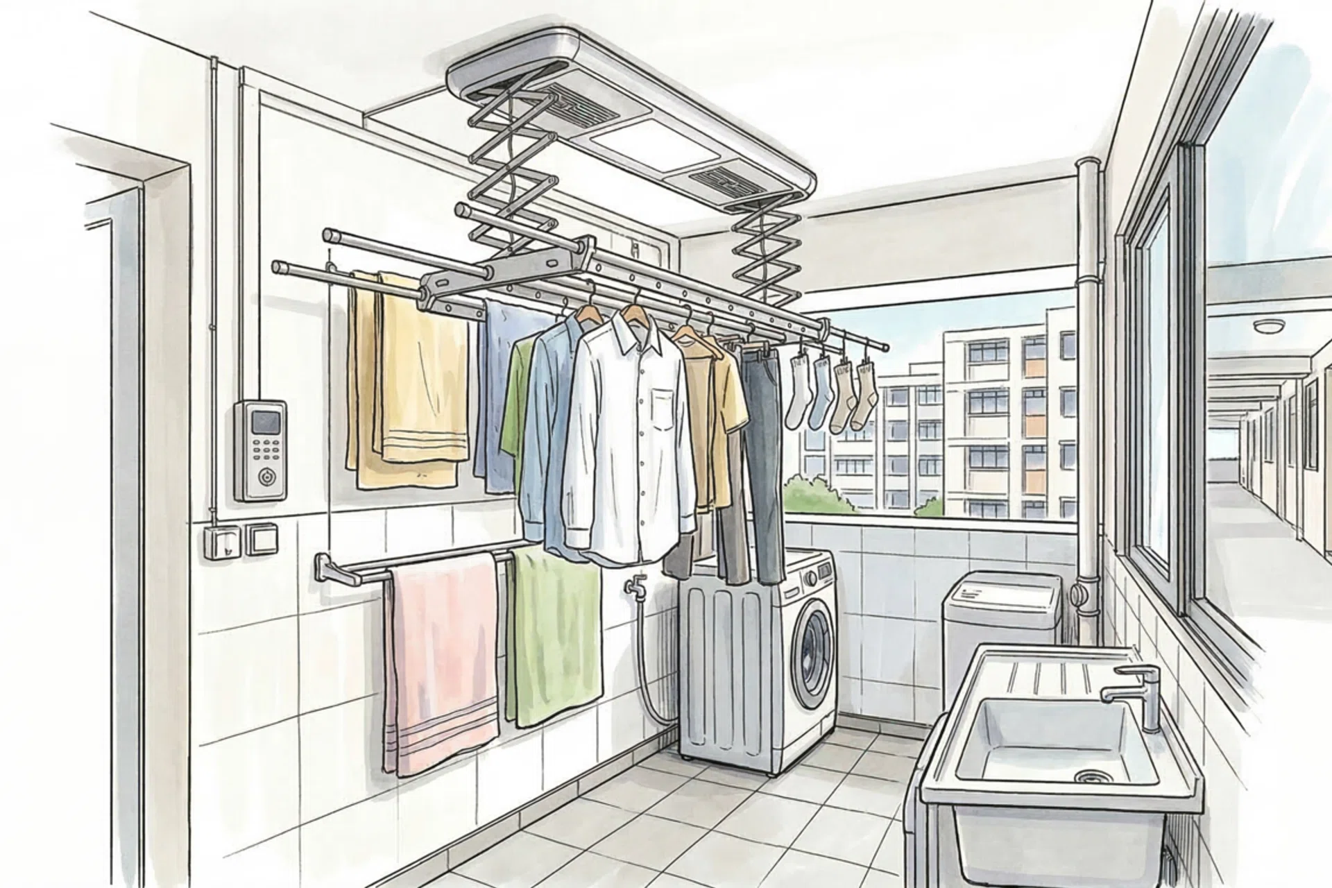 A drawing illustration of a Steigen-type of electric clothes drying rack in the service yard of a HDB BTO.