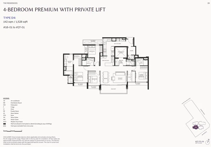 The Serra Residences type D4 4-Bedroom Premium with Private Lift (1,528 sqft).