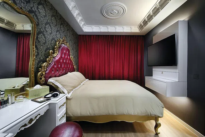 Baroque-style master bedroom in a 3-bedroom condominium for a family of 4.