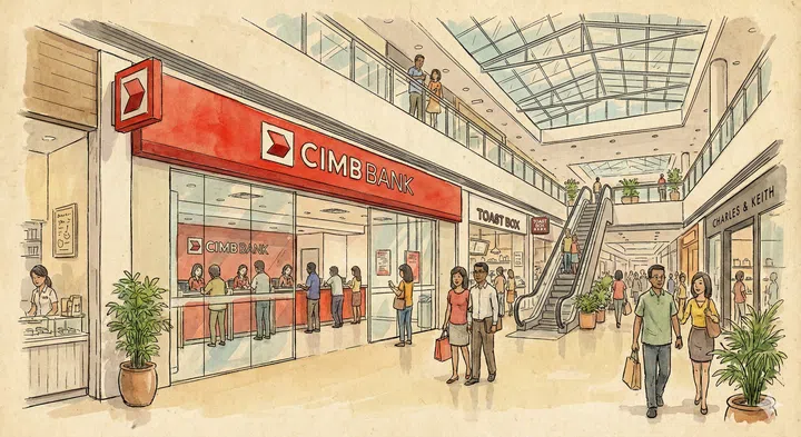 A drawing illustration of a CIMB bank branch in a shopping mall in singapore.