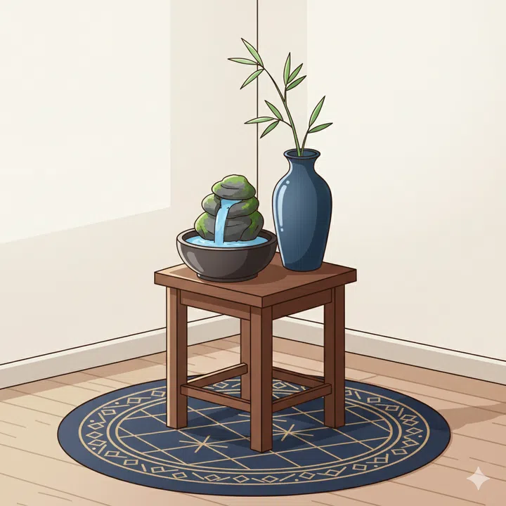 A drawing illustration of a A small tabletop fountain or a dark blue vase on a corner side table.