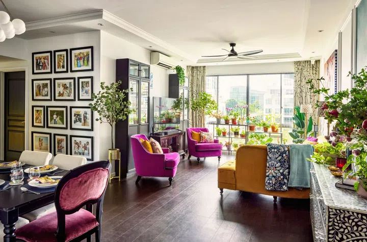 Colourful living and dining room in a 3-bedroom condominium along Balestier Road.