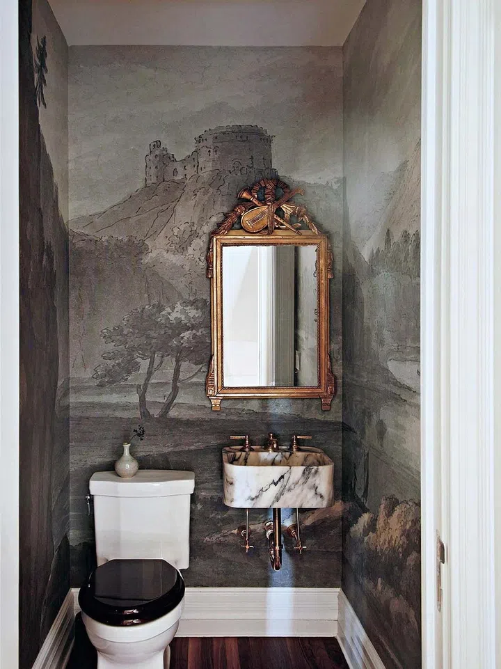 Antique French carved Louis XVI Style Musical Instruments Giltwood Mirror and Beaumaris - Edward wallpaper by Fine and Dandy.