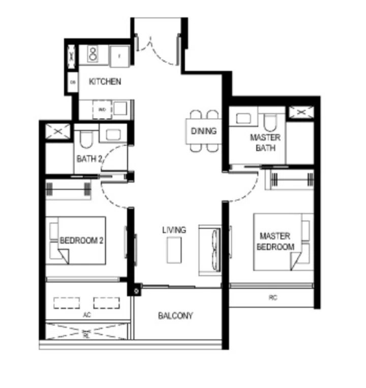 Lentor Central Residences condo 2-bedroom (type 2a) 63sqm floor plan.