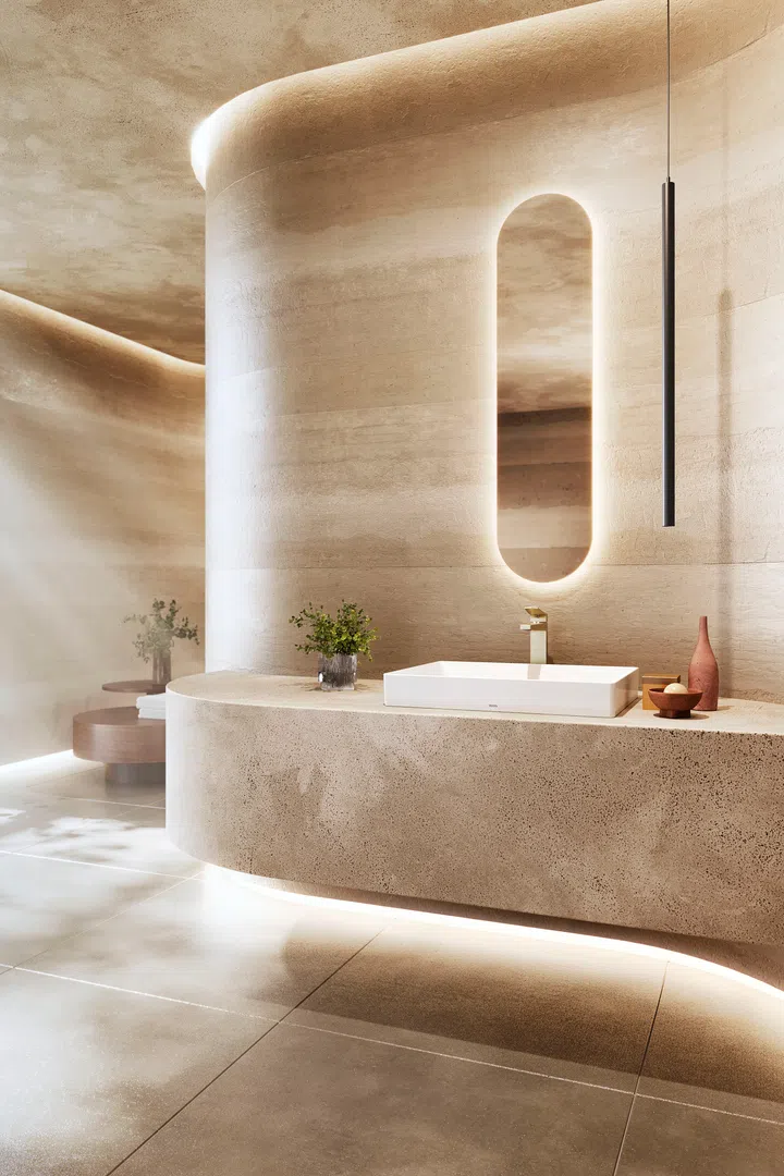 The TOTO GN Series: Sakaki (榊) faucet featured in a luxury bathroom.
