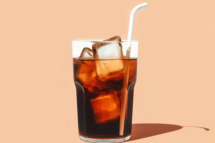 Glass of cola with ice cubes and straw on orange background.