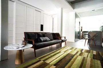 living room, wood furniture, sofa, carpet, stripes