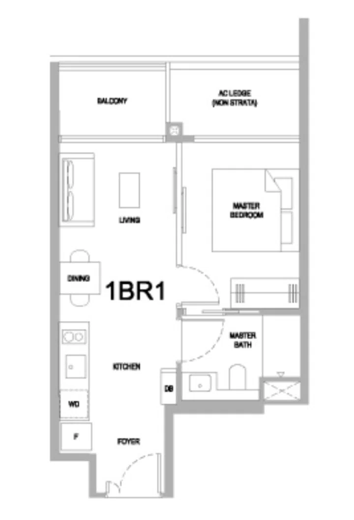 One Marina Gardens condo 1-bedroom (Type 1BR1) 40sqm floor plan for units #02-07 to #30-07.