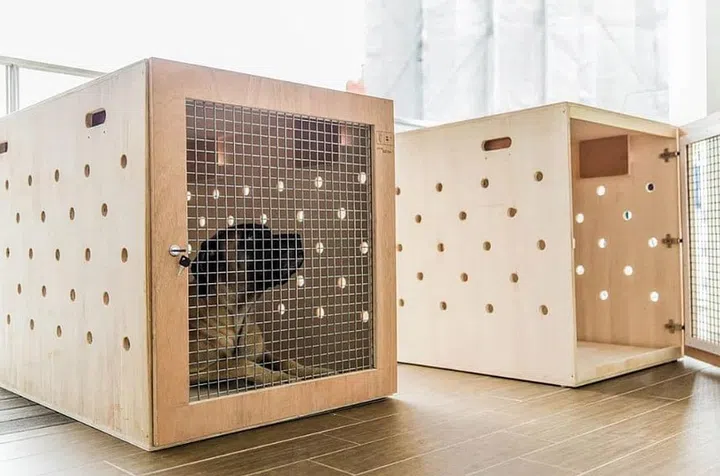 Custom dog crate made by Roger & Sons.
