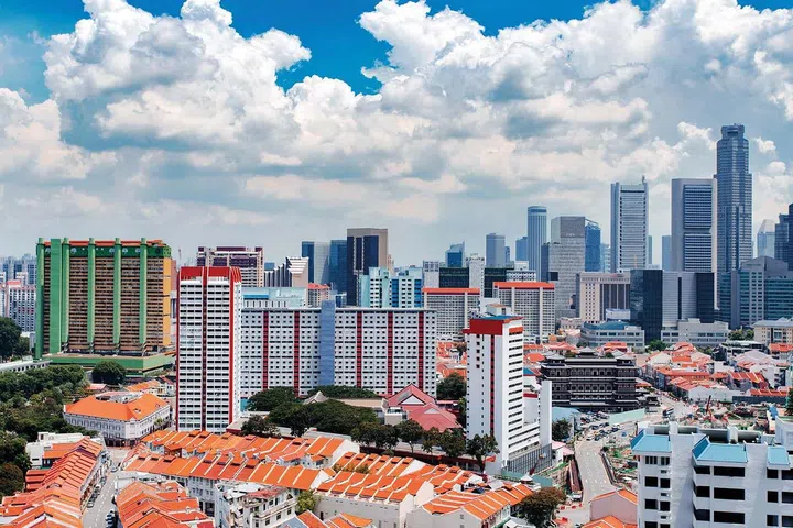 Singapore city skyline landscape at blue sky. Business Downtown and Chinatown districts. Urban skyscrapers cityscape