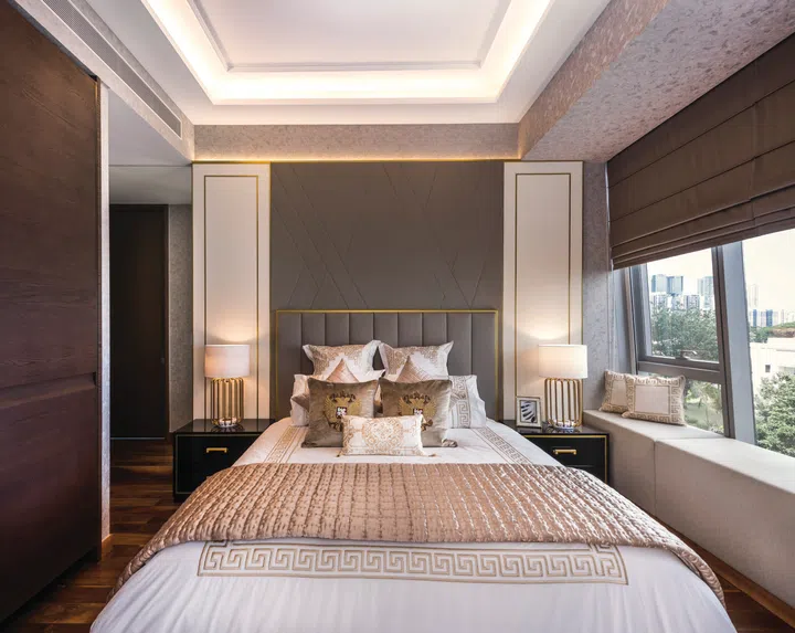 A bedroom with leather finishing in Gramercy Park.