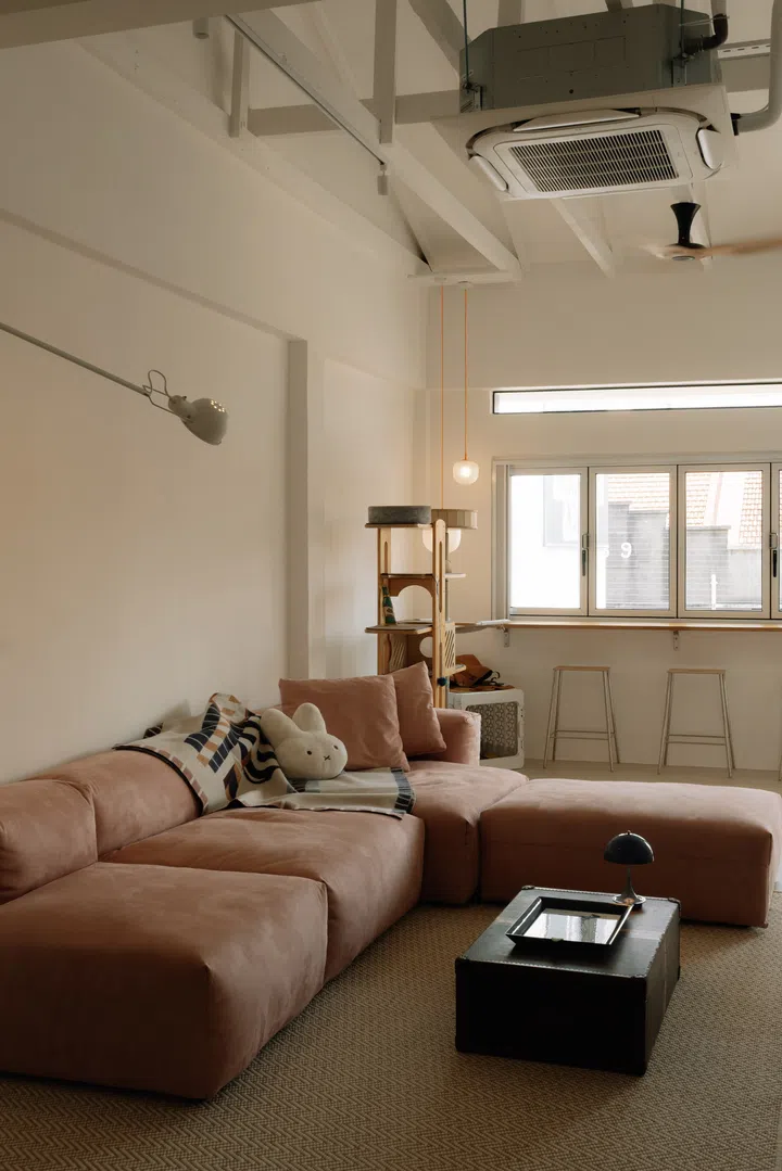 The living room is centred around a generously proportioned Vetsak modular sofa shipped from Europe, while wide windows accentuate the space with natural light.