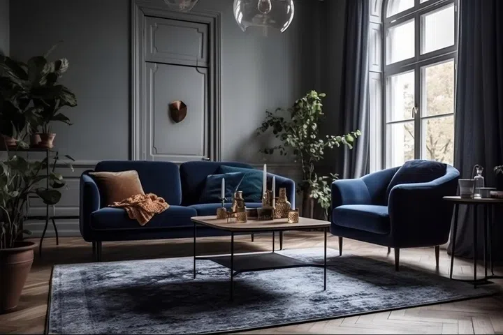 Scandinavian Apartment with Dark Blue Sofa and Recliner Chair Generative AI