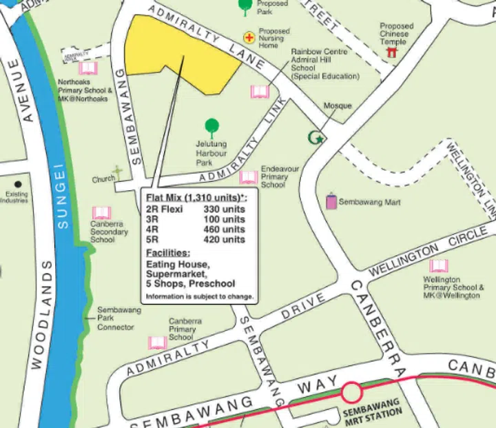This October 2026 BTO development in Sembawang is bounded by Sembawang Drive and Admiralty Lane.