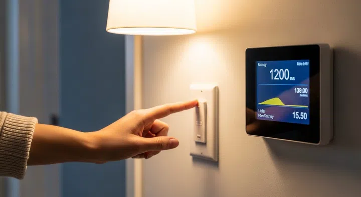 Woman’s hand reaching out to switch off a wall light switch positioned next to a smart home monitor.