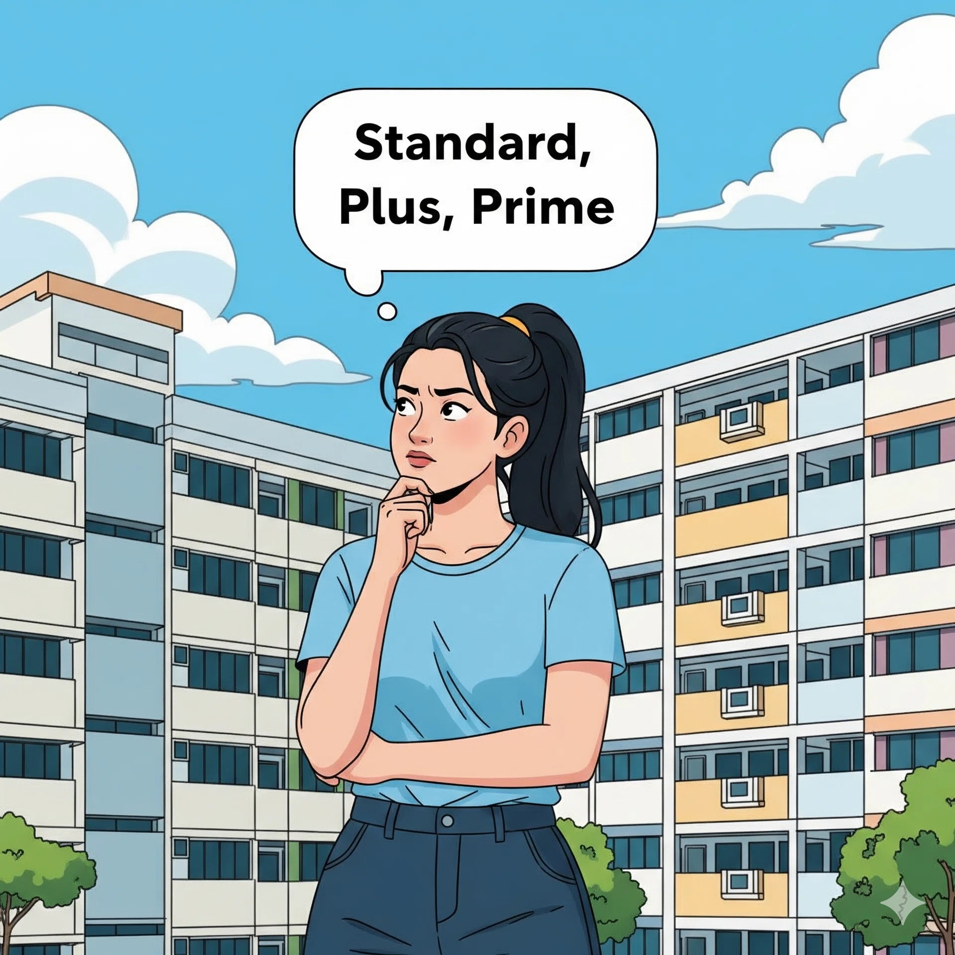 A cartoon drawing of a Singaporean thinking in front of an HDB block, with the words “Standard, Plus, Prime” above her head.