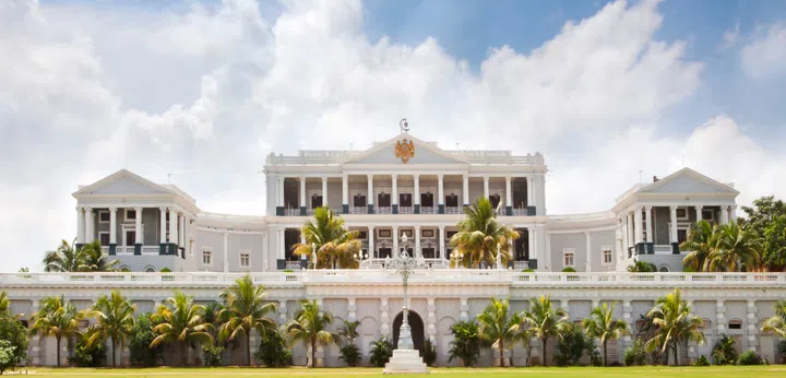 Facade view of Taj Falaknuma Palace in Hyderabad.