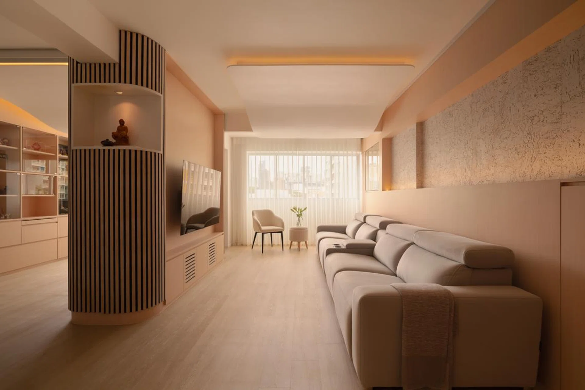 A curved ceiling resolves a structural beam in the living room, while slatted cylindrical columns and integrated storage organise the space without blocking views to the windows.