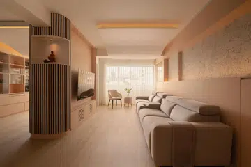 A curved ceiling resolves a structural beam in the living room, while slatted cylindrical columns and integrated storage organise the space without blocking views to the windows.