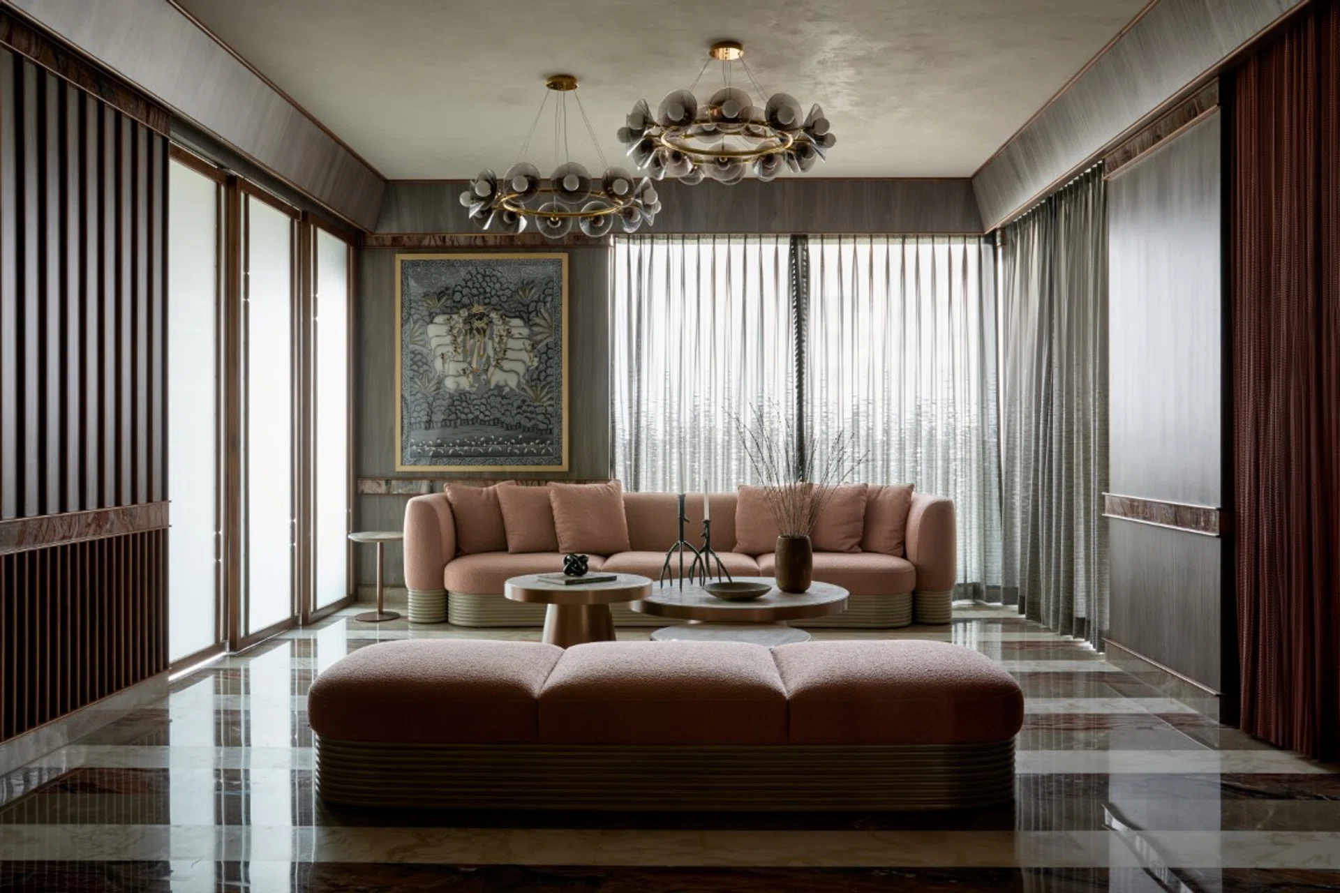 A stunning panoramic view of the living space in the Rosse home project designed by Pooja Bihani.