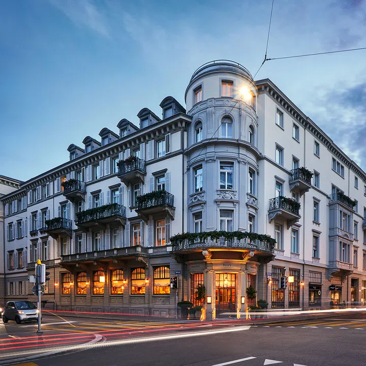 Street view of facade of Baur au Lac in Zurich, Switzerland.