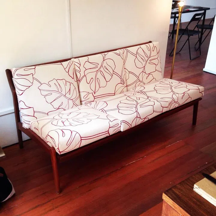 Leaf printed upholstery 3-seater sofa at the ReStore Living Second Hand Furniture Shop (now closed)