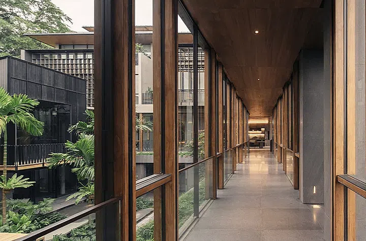 A central corridor connects the four blocks of self-contained living quarters. Photo: Khoo Guo Jie