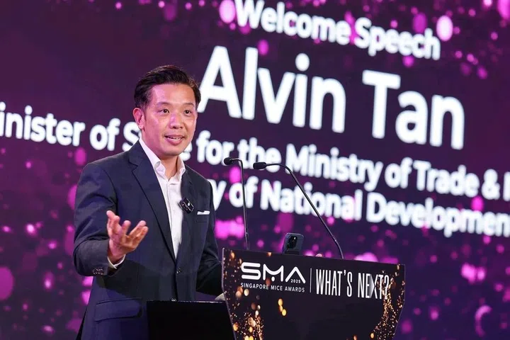 Former Minister of State for Trade and Industry and National Development Alvin Tan speaks during the Mice Awards Gala Dinner at Sands Expo & Convention Centre on July 24, 2025.