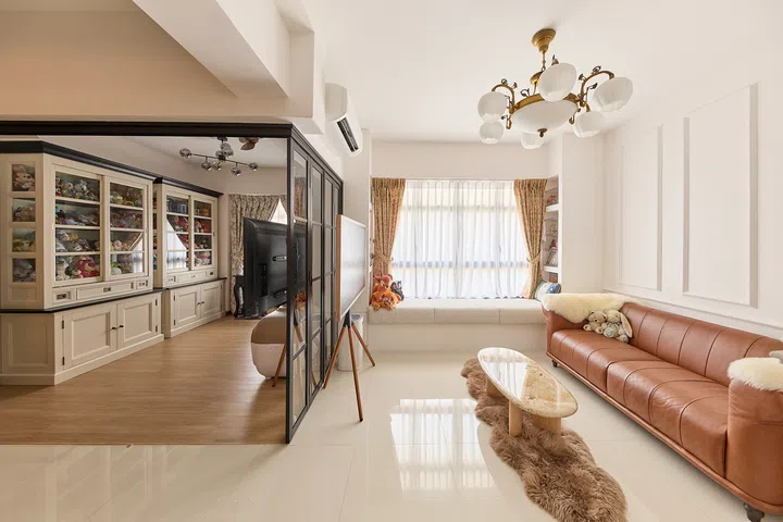 European-inspired details are balanced with modern elements throughout the bright, open living area.
