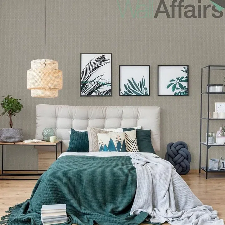 Bedroom styled with a neutral grey wallpaper