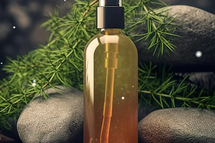 A spray bottle on green and yellow background, cosmetic bottle front view with herbs and leaves.