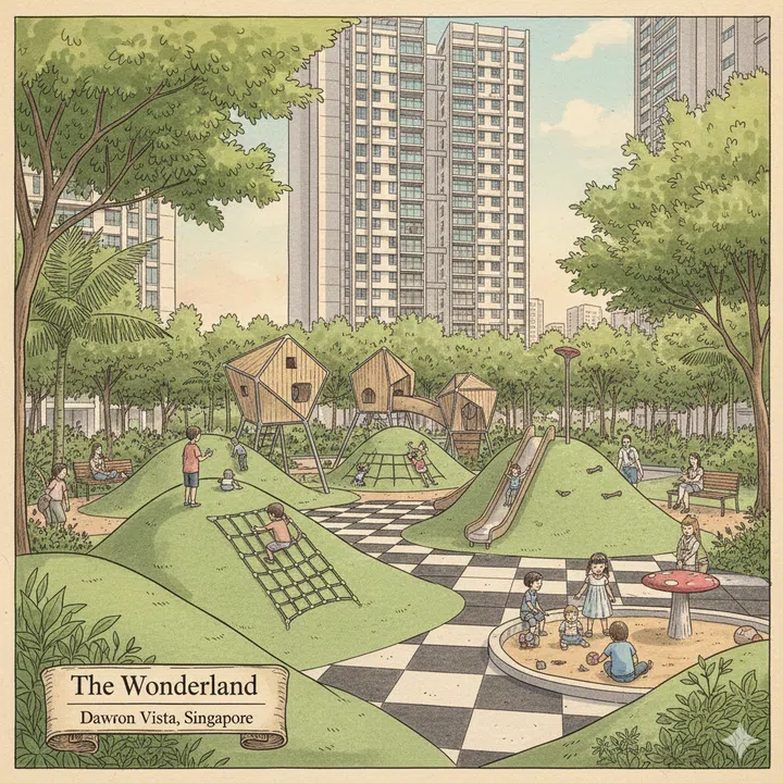 A drawing illustration of The Wonderland playground at Dawson Vista.