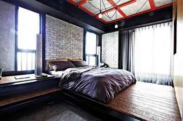 industrial, chic, bedroom, brick wall, suspended lights, wooden panels