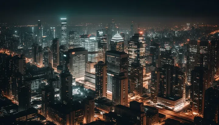 A panoramic view of Hong Kong’s skyline at night, with countless skyscrapers illuminated, showcasing the city’s energy and grandeur.