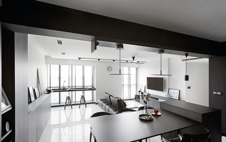 A black and white monochromatic five-room HDB BTO flat at Dawson Skyterrace 