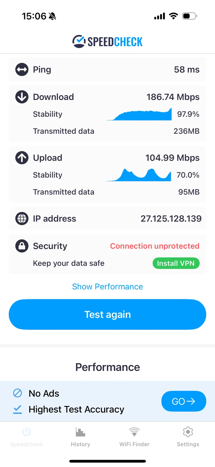 At 30 ft, Eero Pro 7 download speeds dropped to around 186 Mbps, falling further at 50 ft to just 49 Mbps. 