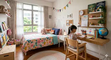 Image of a child’s bedroom with study table.